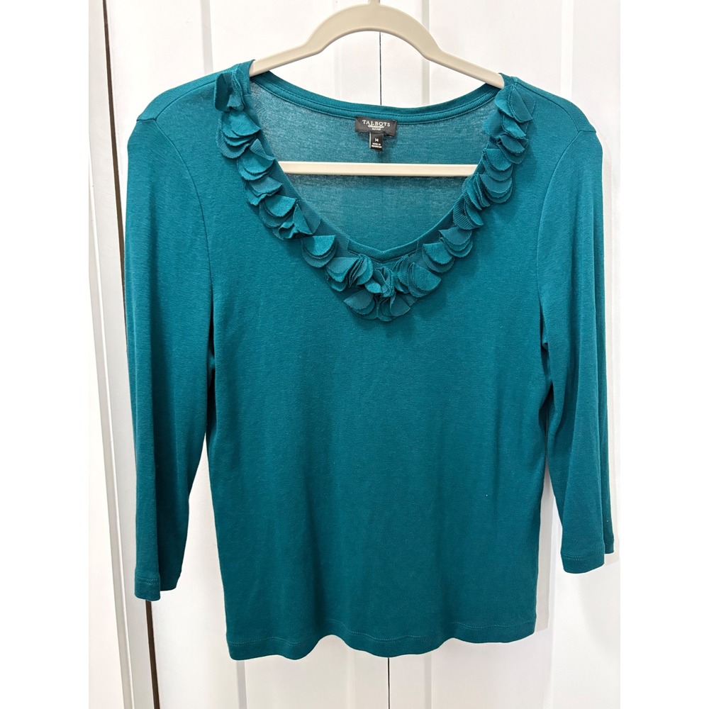 Talbots Petites Medium Teal Green Ruffle V-Neck Knit Top 3/4 Sleeve Size PM
